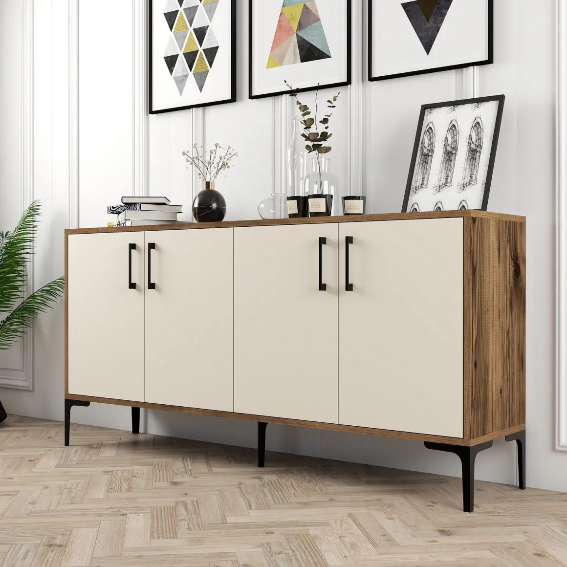 Credenza Bianco Crema Marrone Noce 2 Ripiani 4 Ante 160x35x78h cm, 4 Vani - Sinopoli