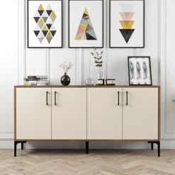 Credenza Bianco Crema Marrone Noce 2 Ripiani 4 Ante 160x35x78h cm, 4 Vani - Sinopoli