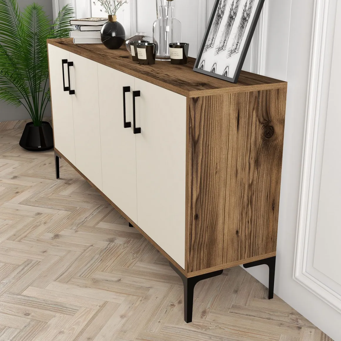 Credenza Bianco Crema Marrone Noce 2 Ripiani 4 Ante 160x35x78h cm, 4 Vani - Sinopoli
