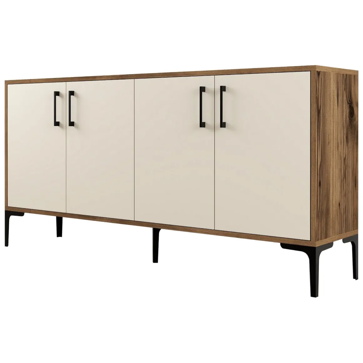 Credenza Bianco Crema Marrone Noce 2 Ripiani 4 Ante 160x35x78h cm, 4 Vani - Sinopoli