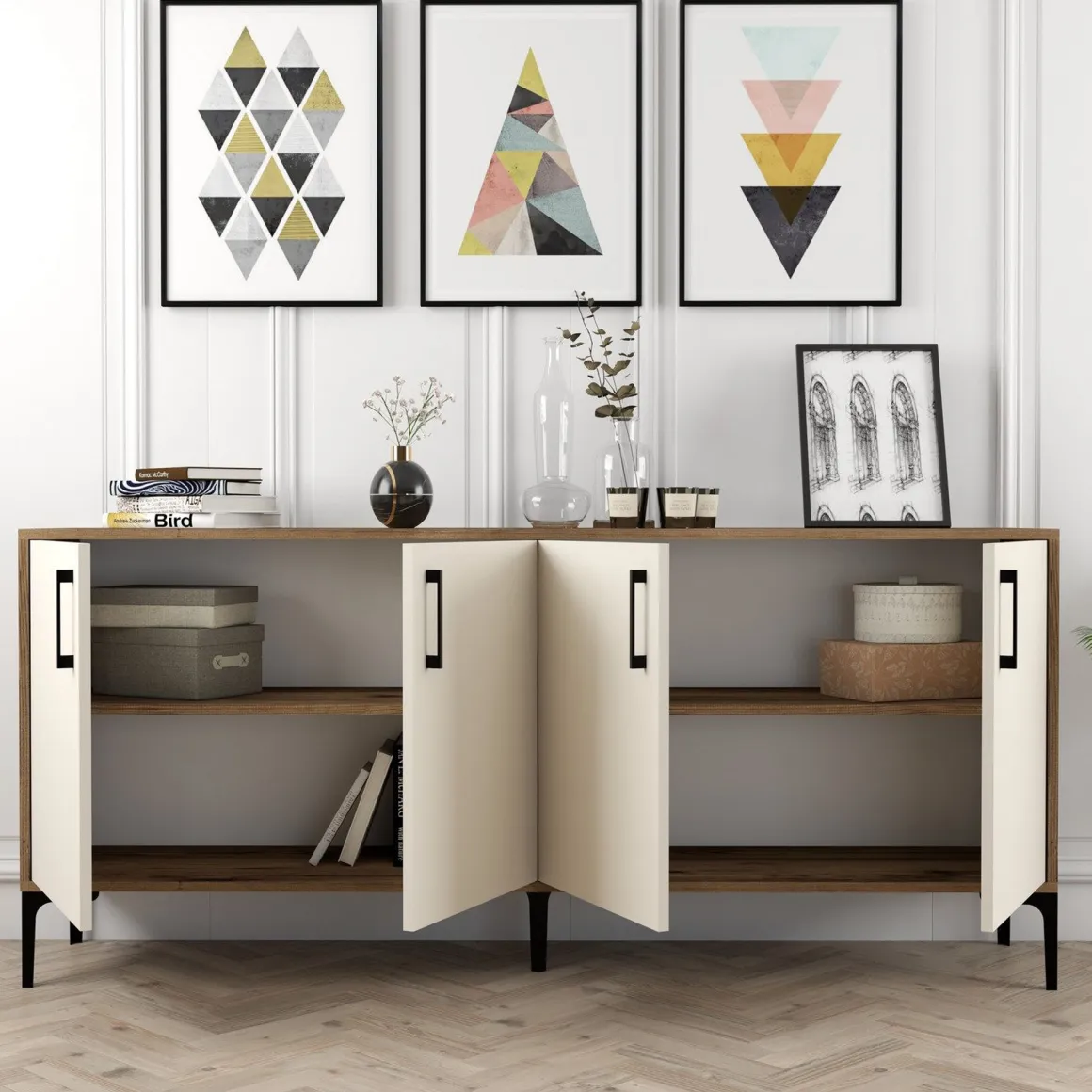 Credenza Bianco Crema Marrone Noce 2 Ripiani 4 Ante 180x35x78h cm, 4 Vani - Pollein