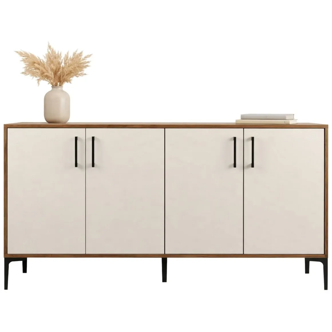 Credenza Bianco Crema Marrone Noce 2 Ripiani 4 Ante 180x35x78h cm, 4 Vani - Pollein