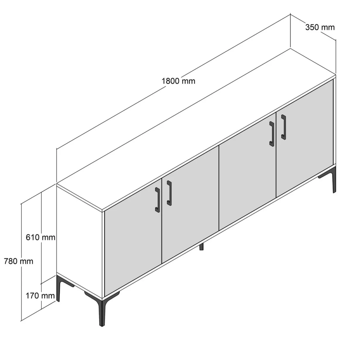 Credenza Bianco Crema Marrone Noce 2 Ripiani 4 Ante 180x35x78h cm, 4 Vani - Pollein