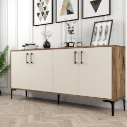 Credenza Bianco Crema Marrone Noce 2 Ripiani 4 Ante 180x35x78h cm, 4 Vani - Pollein
