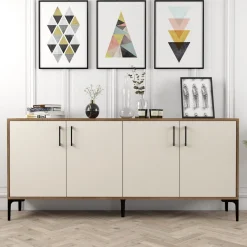 Credenza Bianco Crema Marrone Noce 2 Ripiani 4 Ante 180x35x78h cm, 4 Vani - Pollein