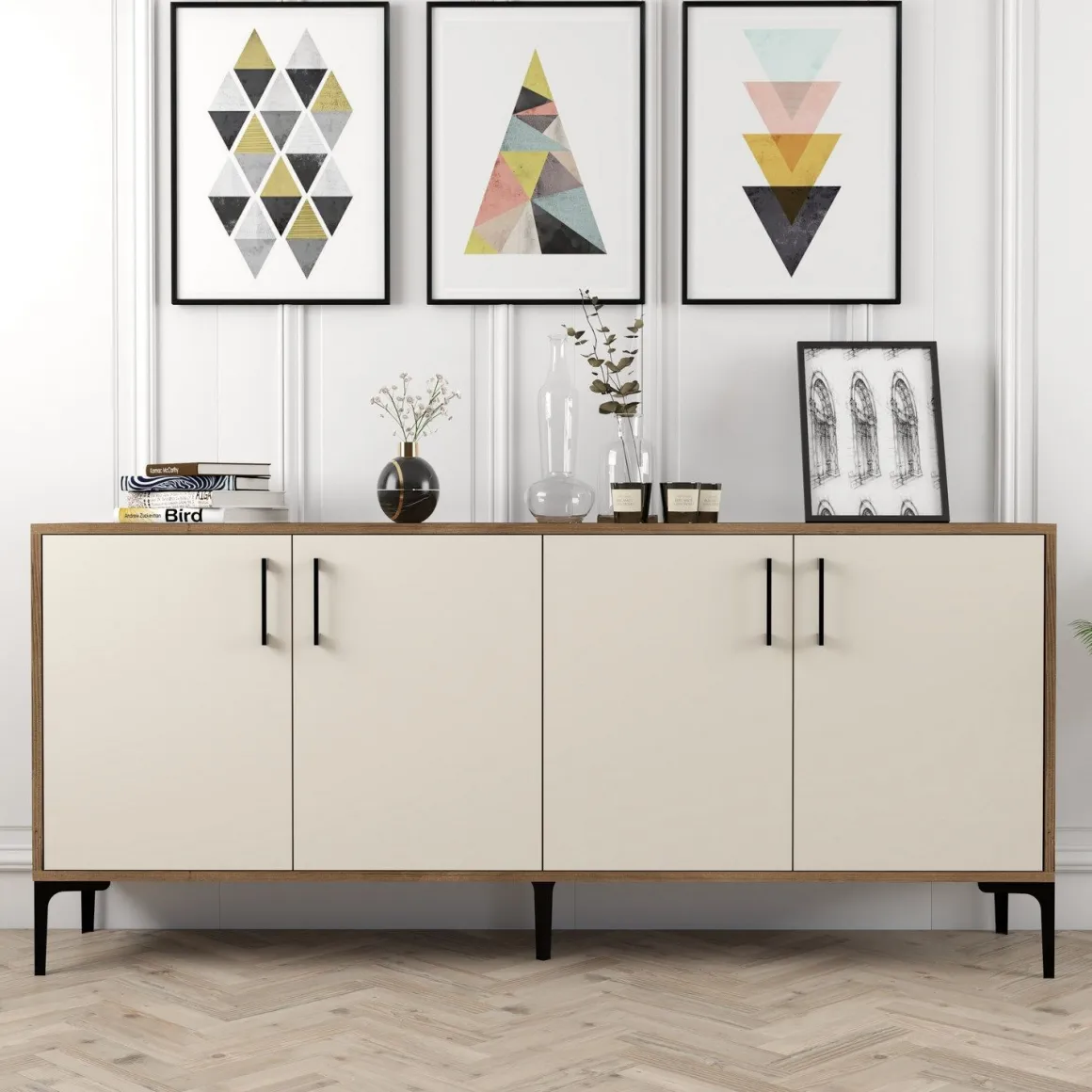 Credenza Bianco Crema Marrone Noce 2 Ripiani 4 Ante 180x35x78h cm, 4 Vani - Pollein