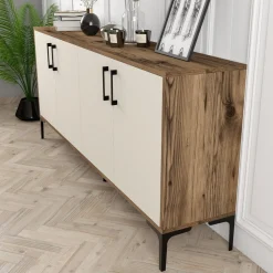 Credenza Bianco Crema Marrone Noce 2 Ripiani 4 Ante 180x35x78h cm, 4 Vani - Pollein