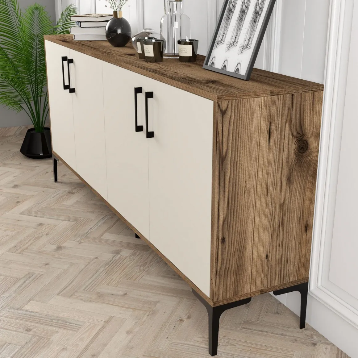 Credenza Bianco Crema Marrone Noce 2 Ripiani 4 Ante 180x35x78h cm, 4 Vani - Pollein
