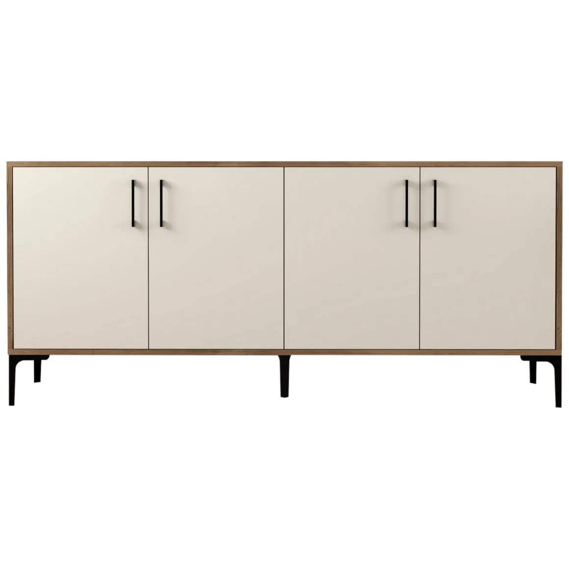 Credenza Bianco Crema Marrone Noce 2 Ripiani 4 Ante 180x35x78h cm, 4 Vani - Pollein