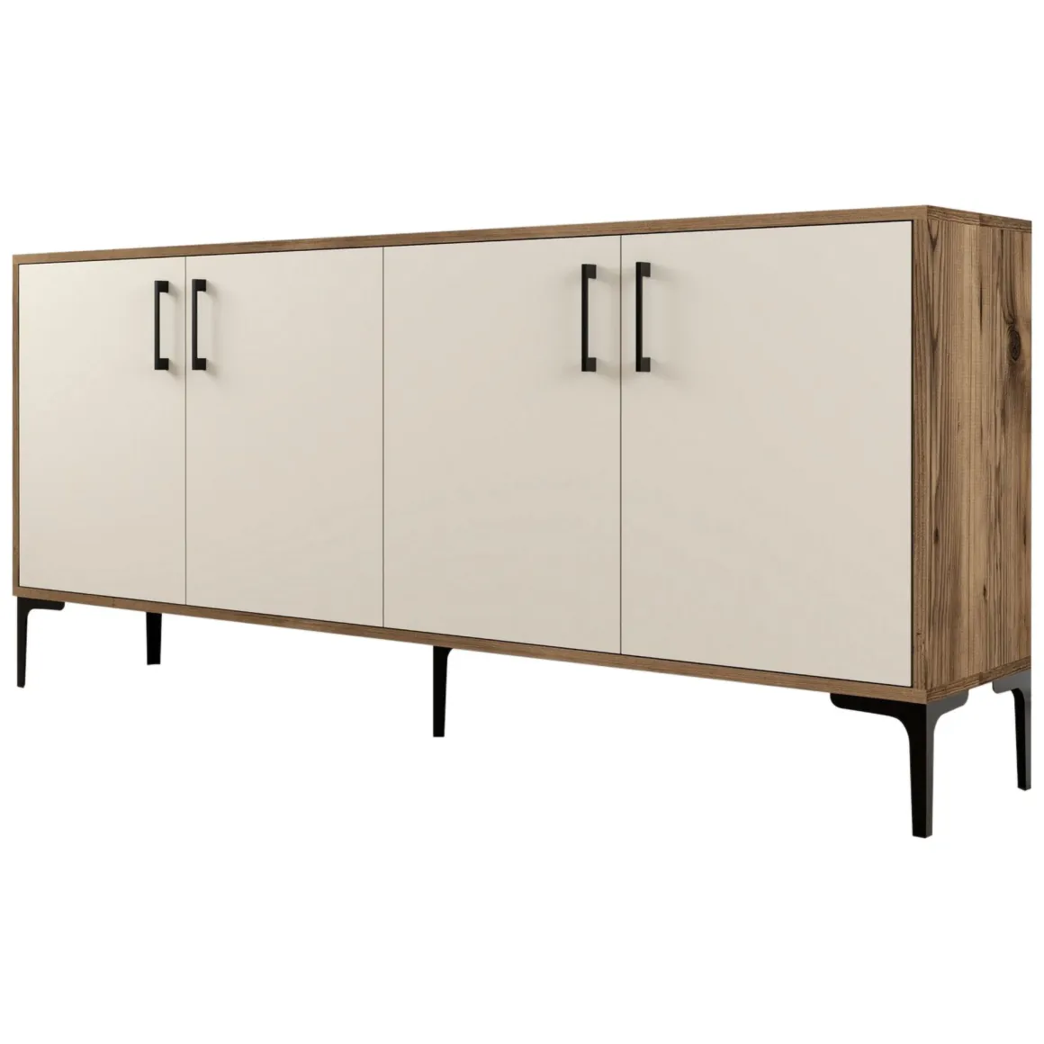 Credenza Bianco Crema Marrone Noce 2 Ripiani 4 Ante 180x35x78h cm, 4 Vani - Pollein