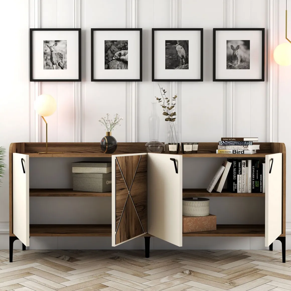 Credenza Bianco Crema Marrone Noce 2 Ripiani 4 Vani 180x35x78h cm, 4 Ante - Elini