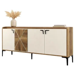 Credenza Bianco Crema Marrone Noce 2 Ripiani 4 Vani 180x35x78h cm, 4 Ante - Elini