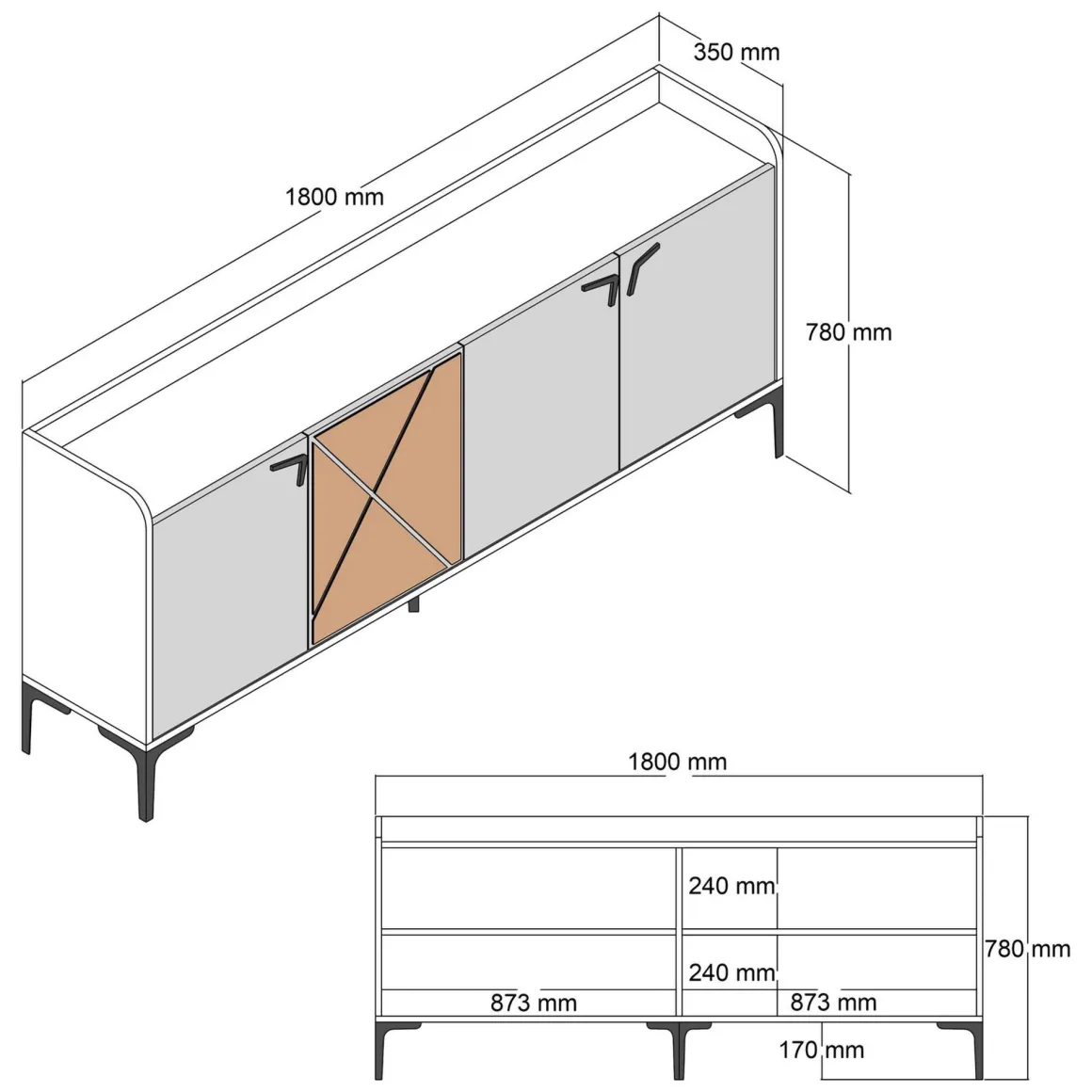 Credenza Bianco Crema Marrone Noce 2 Ripiani 4 Vani 180x35x78h cm, 4 Ante - Elini