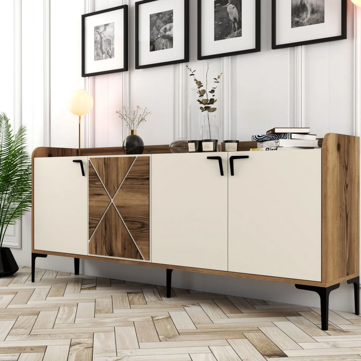 Credenza Bianco Crema Marrone Noce 2 Ripiani 4 Vani 180x35x78h cm, 4 Ante - Elini