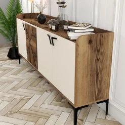 Credenza Bianco Crema Marrone Noce 2 Ripiani 4 Vani 180x35x78h cm, 4 Ante - Elini