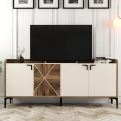 Credenza Bianco Crema Marrone Noce 2 Ripiani 4 Vani 180x35x78h cm, 4 Ante - Elini