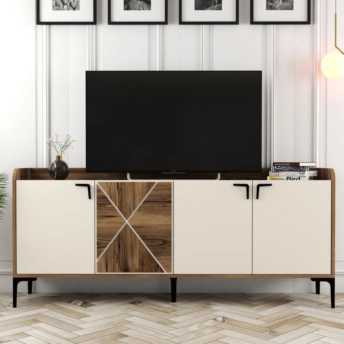 Credenza Bianco Crema Marrone Noce 2 Ripiani 4 Vani 180x35x78h cm, 4 Ante - Elini