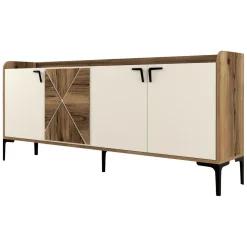 Credenza Bianco Crema Marrone Noce 2 Ripiani 4 Vani 180x35x78h cm, 4 Ante - Elini