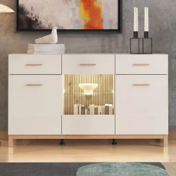 Credenza Bianco Crema Marrone Rovere 2 Cassetti 3 Ripiani 154x41.5x89h cm, Apertura Battente e Scorrevole - Nereto