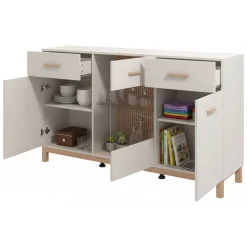Credenza Bianco Crema Marrone Rovere 2 Cassetti 3 Ripiani 154x41.5x89h cm, Apertura Battente e Scorrevole - Nereto
