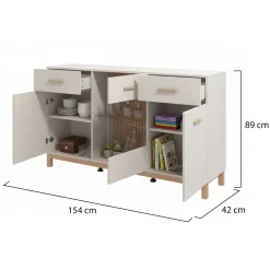 Credenza Bianco Crema Marrone Rovere 2 Cassetti 3 Ripiani 154x41.5x89h cm, Apertura Battente e Scorrevole - Nereto