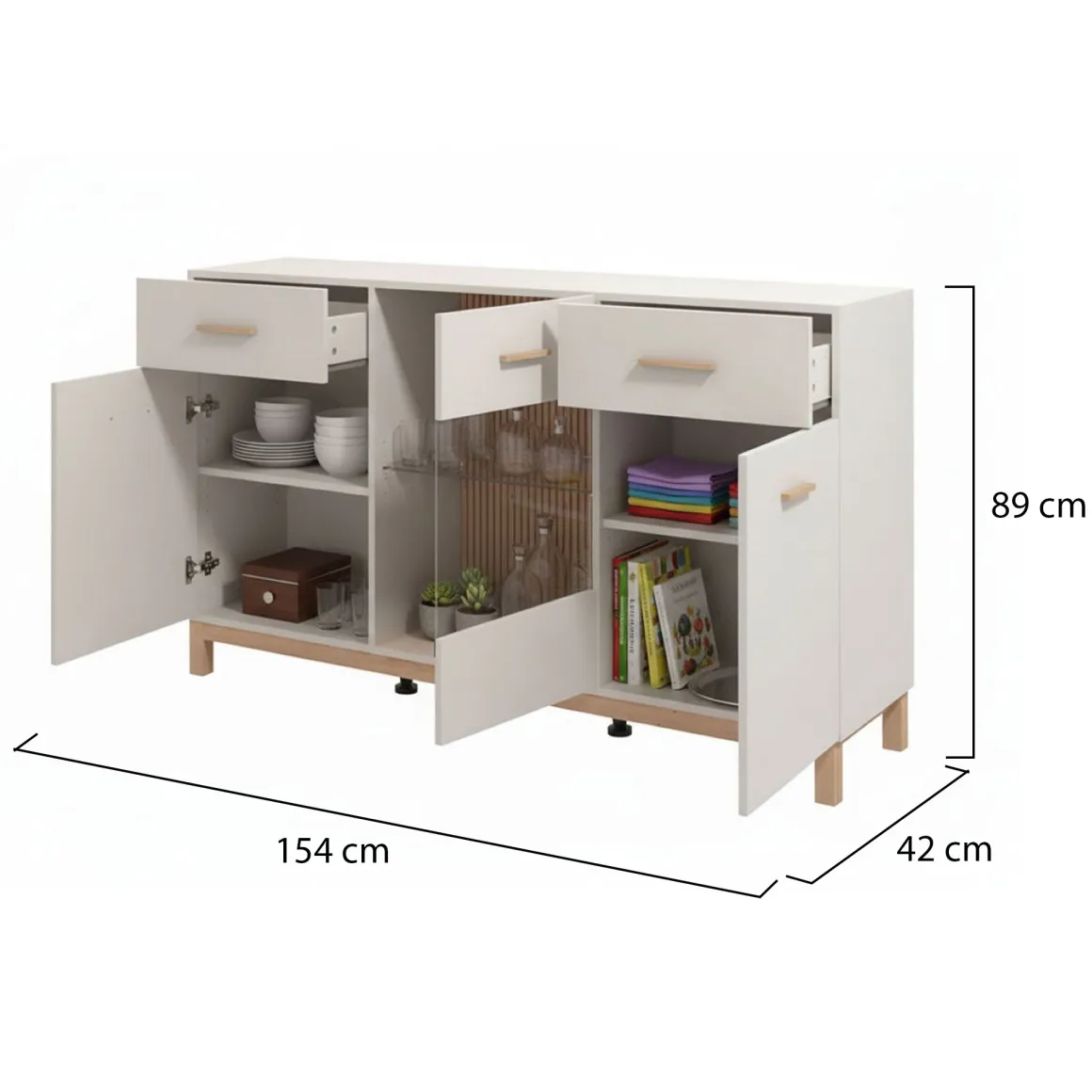 Credenza Bianco Crema Marrone Rovere 2 Cassetti 3 Ripiani 154x41.5x89h cm, Apertura Battente e Scorrevole - Nereto