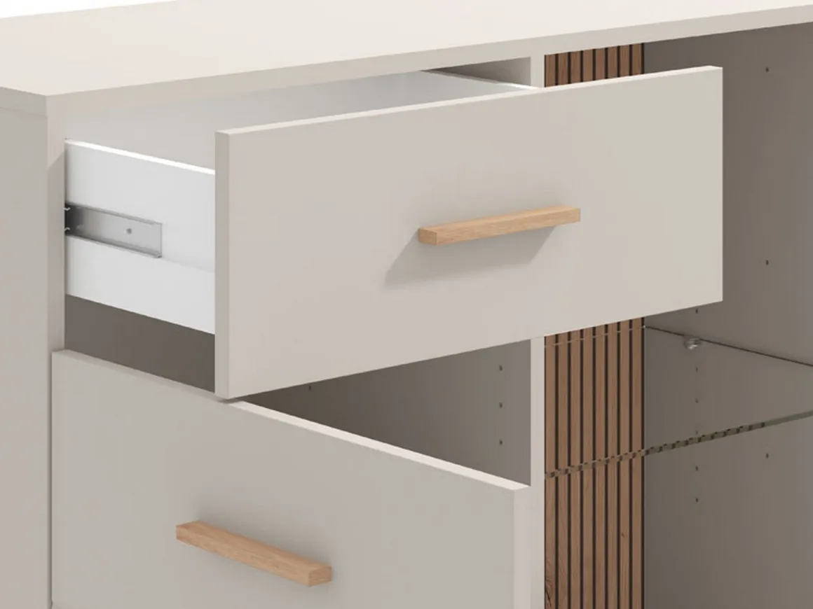 Credenza Bianco Crema Marrone Rovere 2 Cassetti 3 Ripiani 154x41.5x89h cm, Apertura Battente e Scorrevole - Nereto
