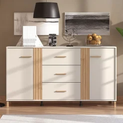 Credenza Bianco Crema Marrone Rovere 2 Ripiani 3 Cassetti 163.5x40x90h cm, 2 Ante - Frisanco