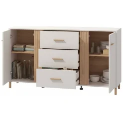 Credenza Bianco Crema Marrone Rovere 2 Ripiani 3 Cassetti 163.5x40x90h cm, 2 Ante - Frisanco