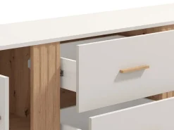 Credenze > Dmora Credenza Bianco Crema Marrone Rovere 3 Ripiani 2 Cassetti 156x40x86h cm, 4 Ante - Quarna Marrone Rovere, Bianco Crema
