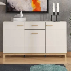 Madie|Credenze > Dmora Credenza Bianco Crema Marrone Rovere 3 Ripiani un Cassetto 179.5x40x90.5h cm, 4 Ante - Illorai Marrone Rovere, Bianco Crema