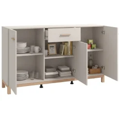 Madie|Credenze > Dmora Credenza Bianco Crema Marrone Rovere 3 Ripiani un Cassetto 179.5x40x90.5h cm, 4 Ante - Illorai Marrone Rovere, Bianco Crema