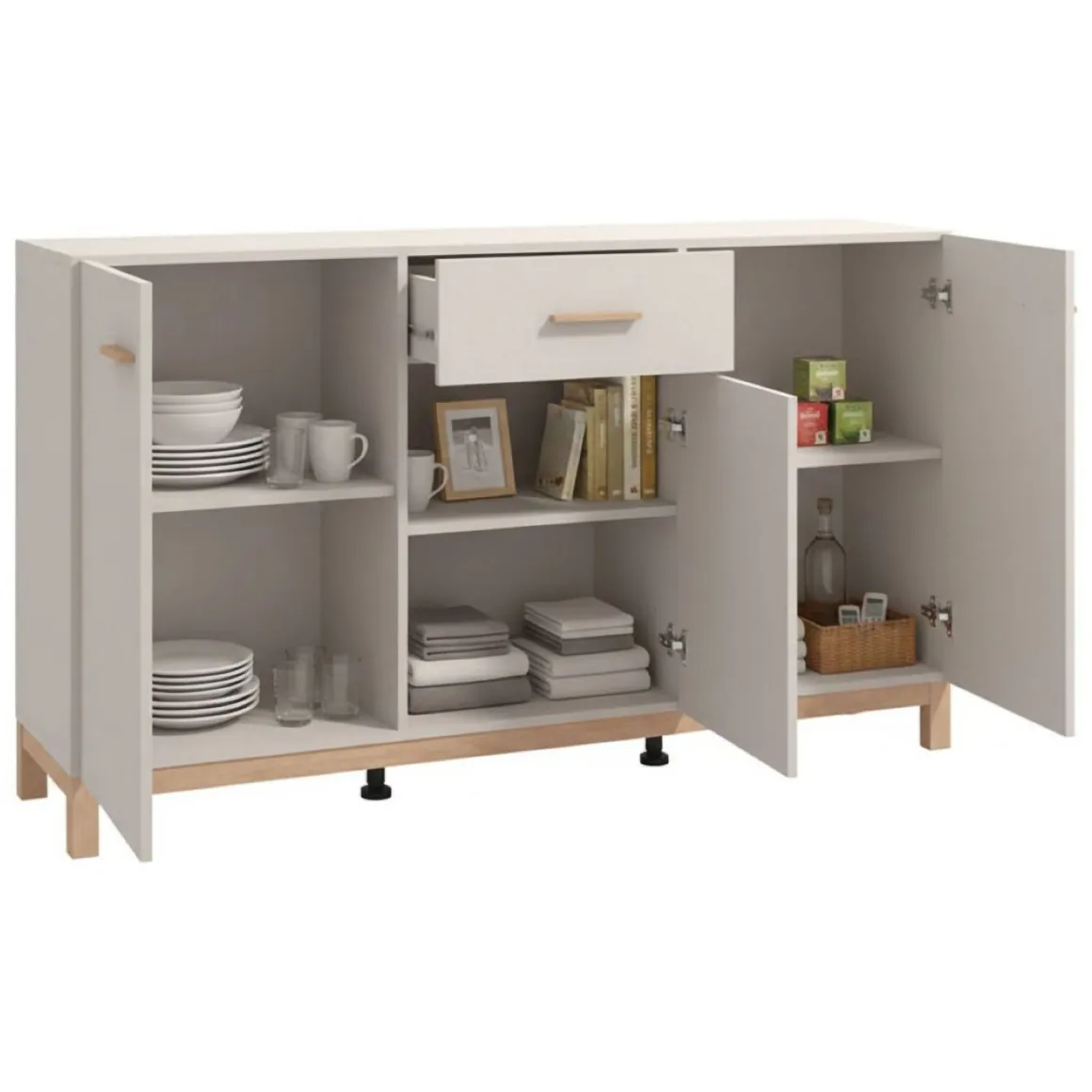 Credenza Bianco Crema Marrone Rovere 3 Ripiani un Cassetto 154x41.5x89h cm, 3 Ante - Pianico