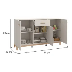 Credenza Bianco Crema Marrone Rovere 3 Ripiani un Cassetto 154x41.5x89h cm, 3 Ante - Pianico