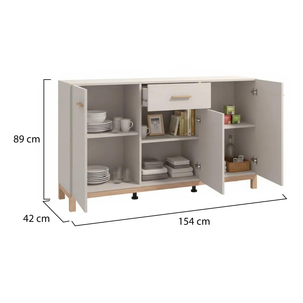 Credenza Bianco Crema Marrone Rovere 3 Ripiani un Cassetto 154x41.5x89h cm, 3 Ante - Pianico