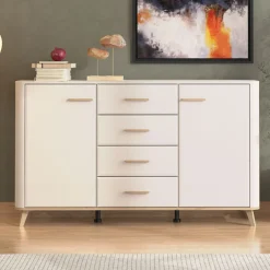 Credenza Bianco Crema Marrone Rovere Nodi 2 Ripiani 4 Cassetti 154x40x90.5h cm, 2 Ante - Illorai