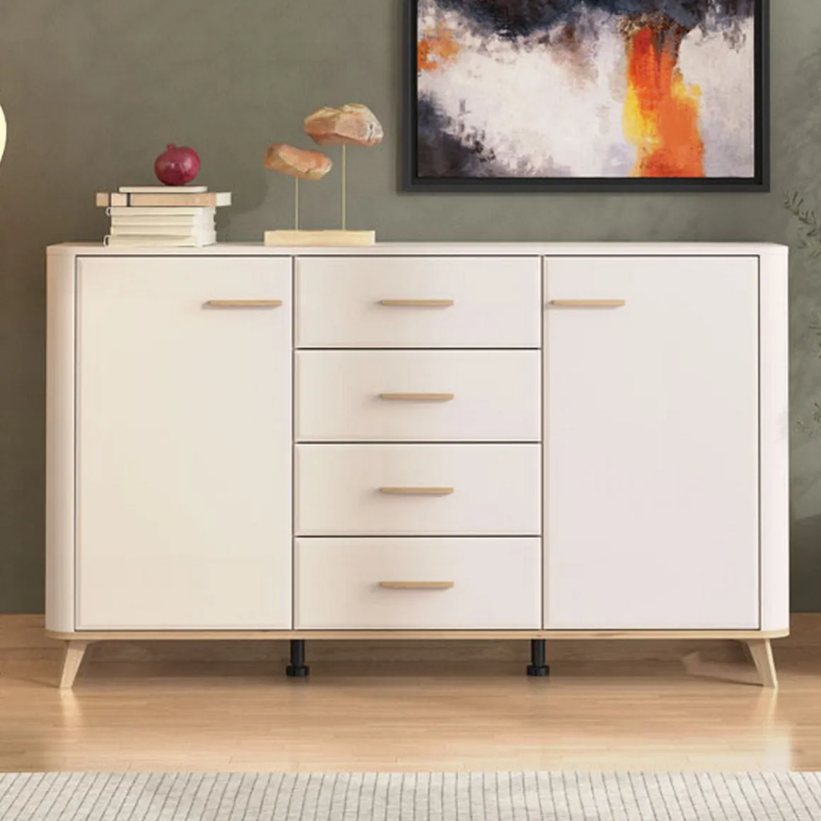 Credenza Bianco Crema Marrone Rovere Nodi 2 Ripiani 4 Cassetti 154x40x90.5h cm, 2 Ante - Illorai