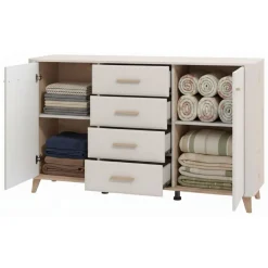 Credenza Bianco Crema Marrone Rovere Nodi 2 Ripiani 4 Cassetti 154x40x90.5h cm, 2 Ante - Illorai