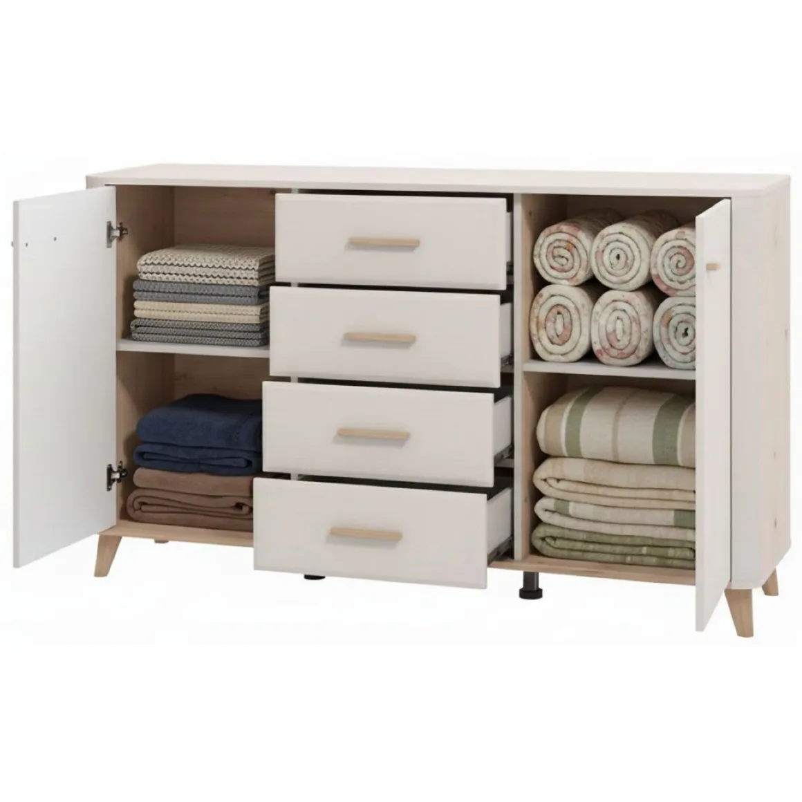 Credenza Bianco Crema Marrone Rovere Nodi 2 Ripiani 4 Cassetti 154x40x90.5h cm, 2 Ante - Illorai