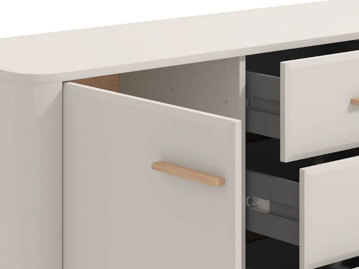 Credenza Bianco Crema Marrone Rovere Nodi 2 Ripiani 4 Cassetti 154x40x90.5h cm, 2 Ante - Illorai