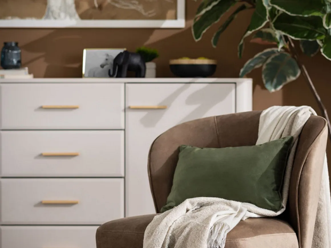 Credenza Bianco Crema Marrone Rovere Nodi 2 Ripiani 4 Cassetti 154x40x90.5h cm, 2 Ante - Illorai