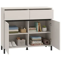 Madie|Credenze > Dmora Credenza Bianco Crema Nero 2 Cassetti 2 Ripiani 106x40x90h cm, Apertura Battente, Scorrevole - Giarree Nero, Bianco Crema