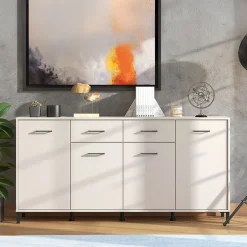 Credenza Bianco Crema Nero 2 Cassetti 4 Ripiani 183x40x90h cm, Apertura Battente, Scorrevole - Grondona
