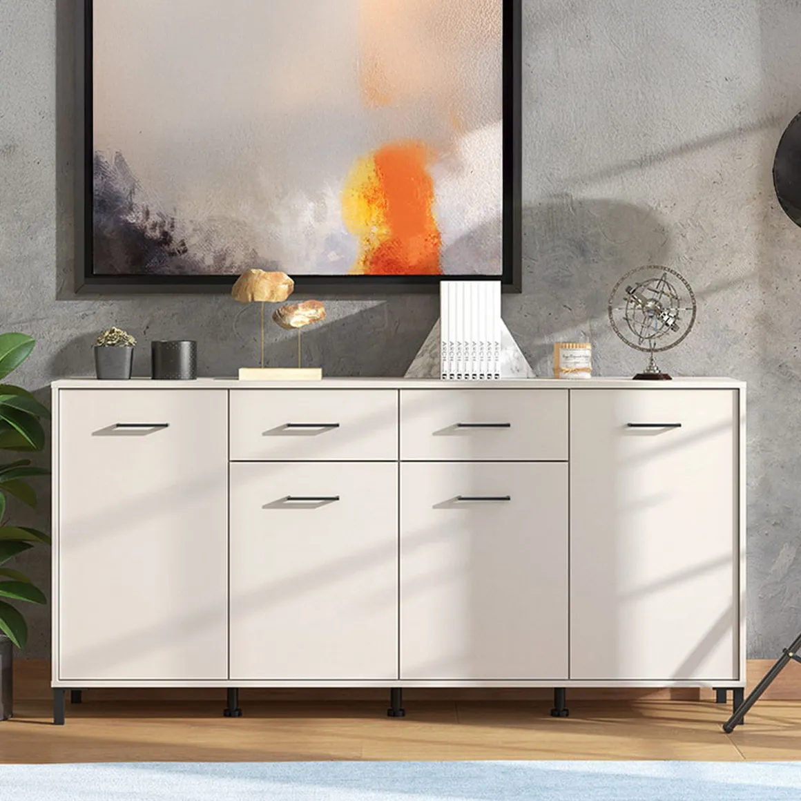 Credenza Bianco Crema Nero 2 Cassetti 4 Ripiani 183x40x90h cm, Apertura Battente, Scorrevole - Grondona