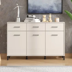 Madie|Credenze > Dmora Credenza Bianco Crema Nero 3 Cassetti 3 Ripiani 138x40x90h cm, Apertura Battente e Scorrevole - Laerru Nero, Bianco Crema