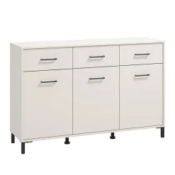 Madie|Credenze > Dmora Credenza Bianco Crema Nero 3 Cassetti 3 Ripiani 138x40x90h cm, Apertura Battente e Scorrevole - Laerru Nero, Bianco Crema