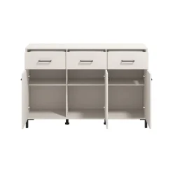 Madie|Credenze > Dmora Credenza Bianco Crema Nero 3 Cassetti 3 Ripiani 138x40x90h cm, Apertura Battente e Scorrevole - Laerru Nero, Bianco Crema