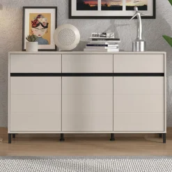 Credenza Bianco Crema Nero 3 Cassetti 3 Ripiani 157x40x90h cm, Apertura Battente e Scorrevole - Giarre
