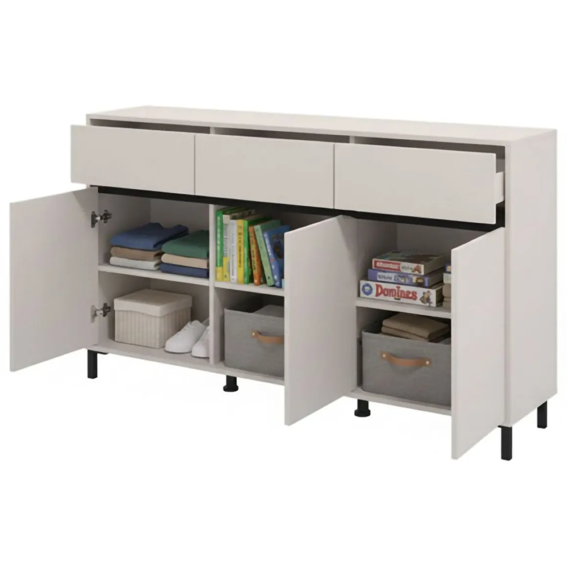 Credenza Bianco Crema Nero 3 Cassetti 3 Ripiani 157x40x90h cm, Apertura Battente e Scorrevole - Giarre