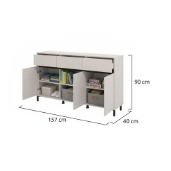 Credenza Bianco Crema Nero 3 Cassetti 3 Ripiani 157x40x90h cm, Apertura Battente e Scorrevole - Giarre